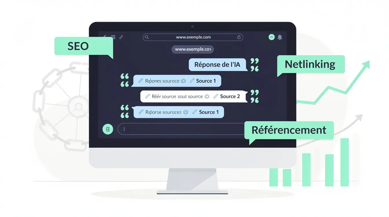 Illustration en flat design d'une interface de chatbot IA citant des sources web, avec des icônes de liens hypertextes et de guillemets, symbolisant le référencement GEO et le netlinking.