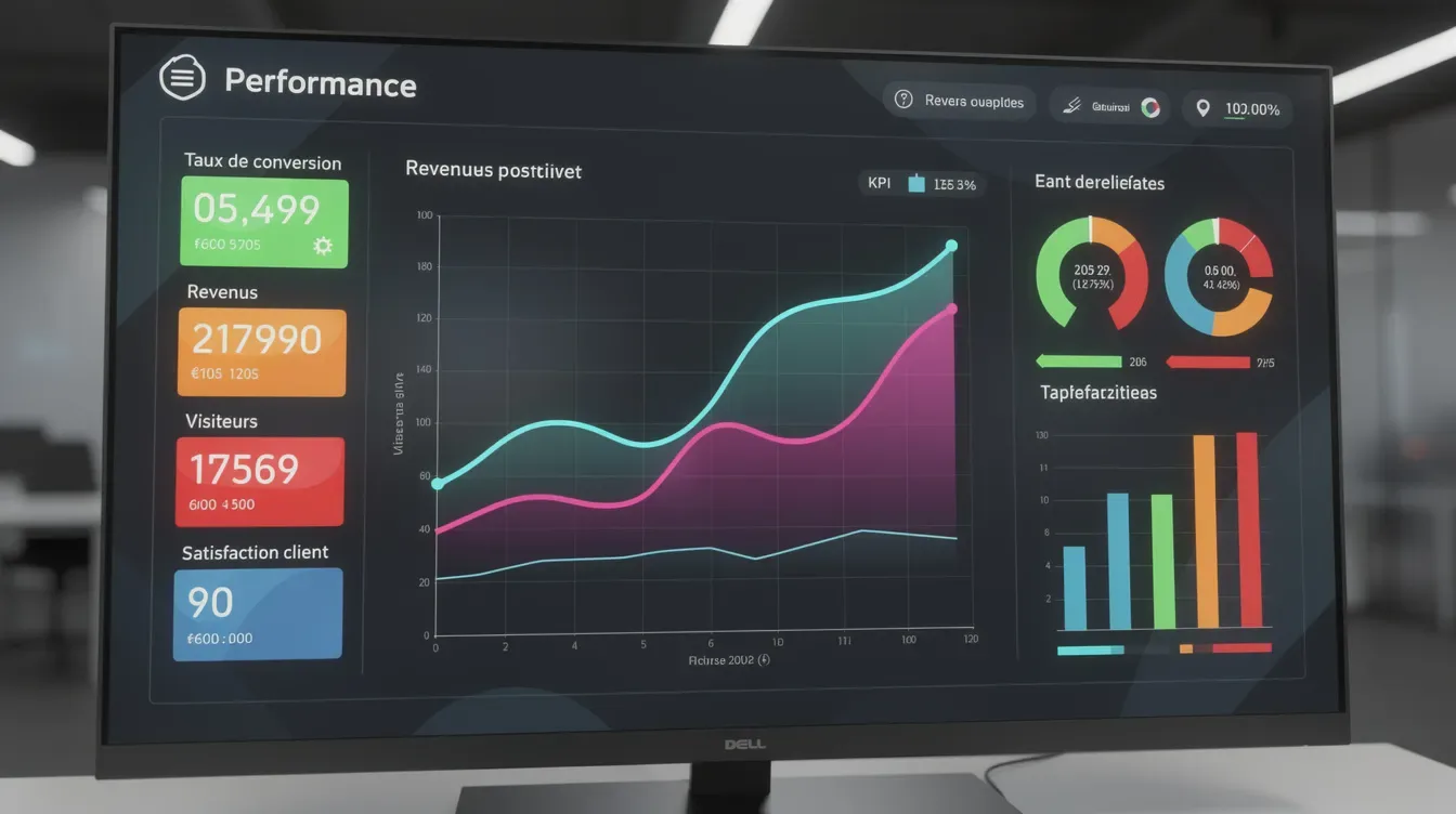 L'image montre un tableau de bord digital affichant des indicateurs de performance colorés, illustrant les résultats d'une campagne de référencement.