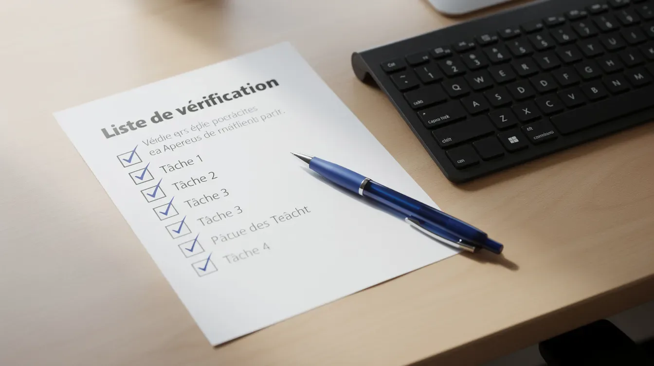 Une liste de vérification cochée repose sur un bureau, à côté d'un clavier d'ordinateur, symbolisant l'organisation et la mise en place d'une stratégie de…