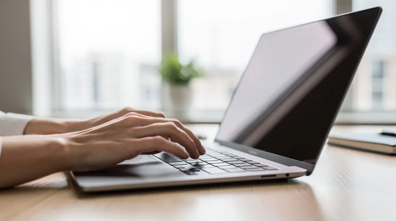 Gros plan sur des mains tapant rapidement sur un clavier d'ordinateur portable dans un bureau lumineux, où l'utilisateur se concentre sur la création de…