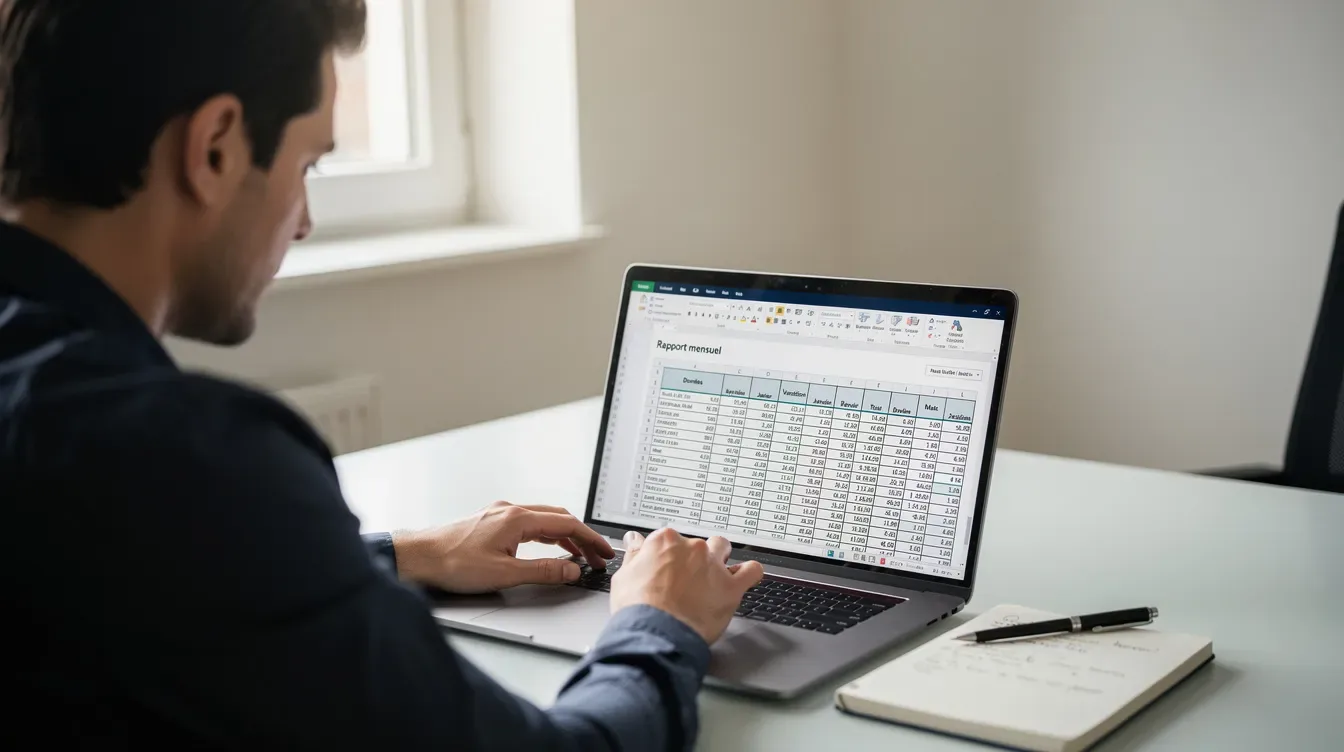 Une personne examine attentivement des données sur un tableur affiché sur un ordinateur portable, probablement dans le cadre d'un audit de netlinking pour…