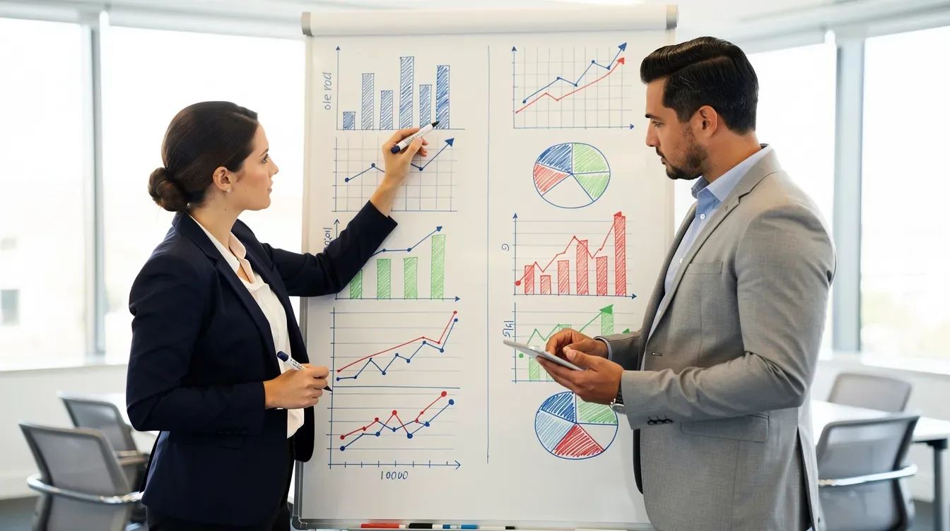 Deux professionnels se tiennent côte à côte devant un tableau blanc, comparant des graphiques illustrant l'audit de netlinking d'un site web.