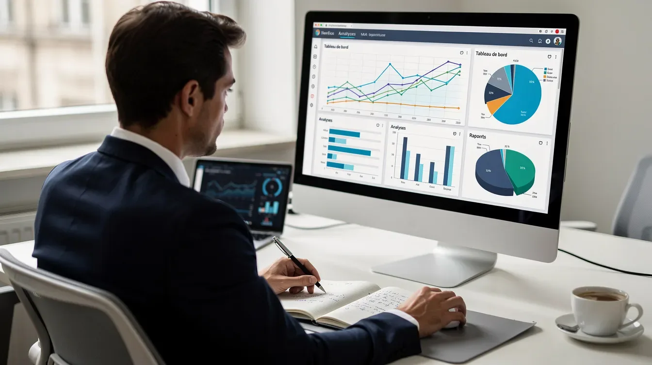 Un professionnel analyse des graphiques de données sur un grand écran d'ordinateur, mettant en évidence des éléments liés à l'audit de netlinking et à la…