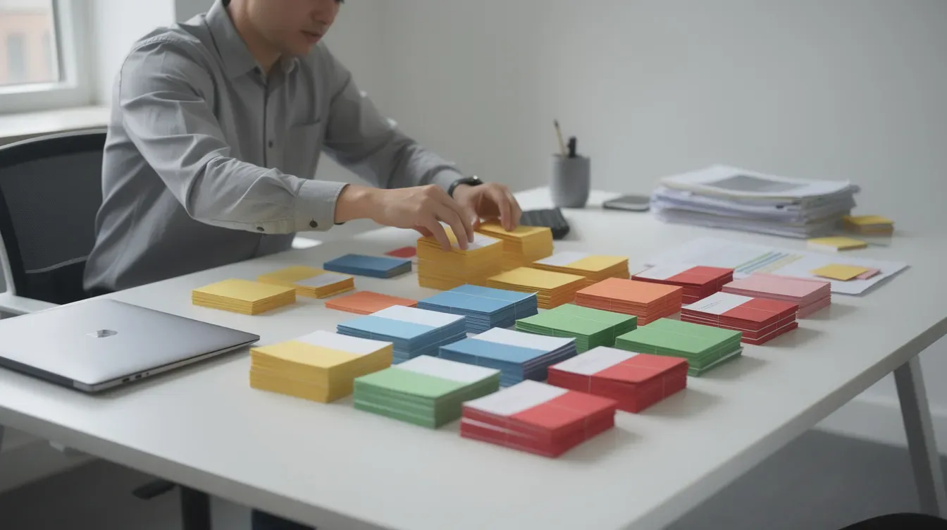 Une personne est en train de trier des fiches colorées sur un bureau, illustrant le processus de sélection et de filtrage d'informations.