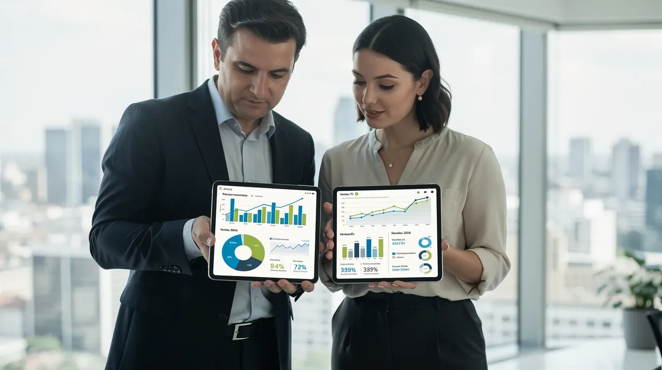 Deux professionnels se tiennent côte à côte, comparant des graphiques et des données sur des tablettes.