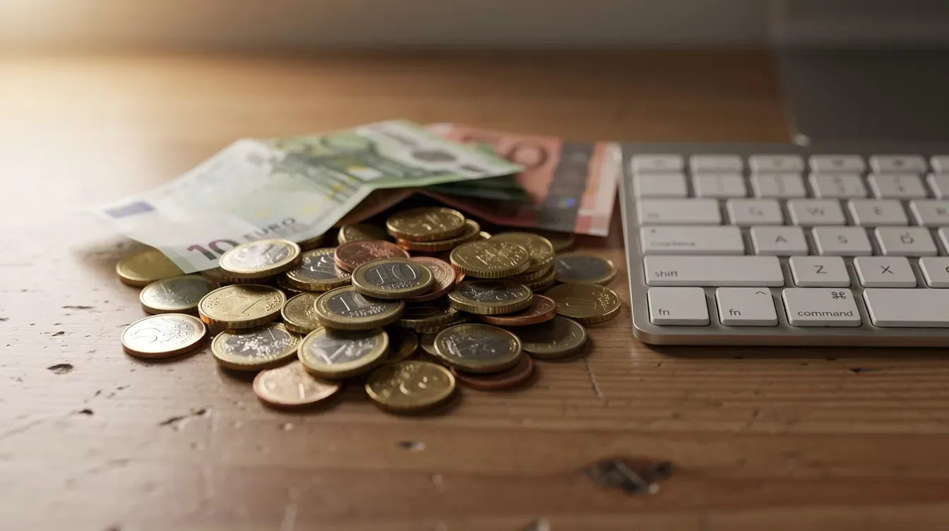 L'image montre des pièces de monnaie et des billets soigneusement disposés à côté d'un clavier d'ordinateur sur un bureau en bois, évoquant une ambiance de…