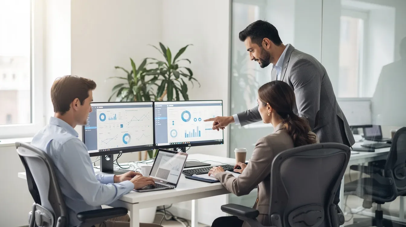 L'image montre une équipe de trois personnes collaborant efficacement devant des écrans d'ordinateur dans un bureau lumineux, illustrant l'esprit d'équipe…