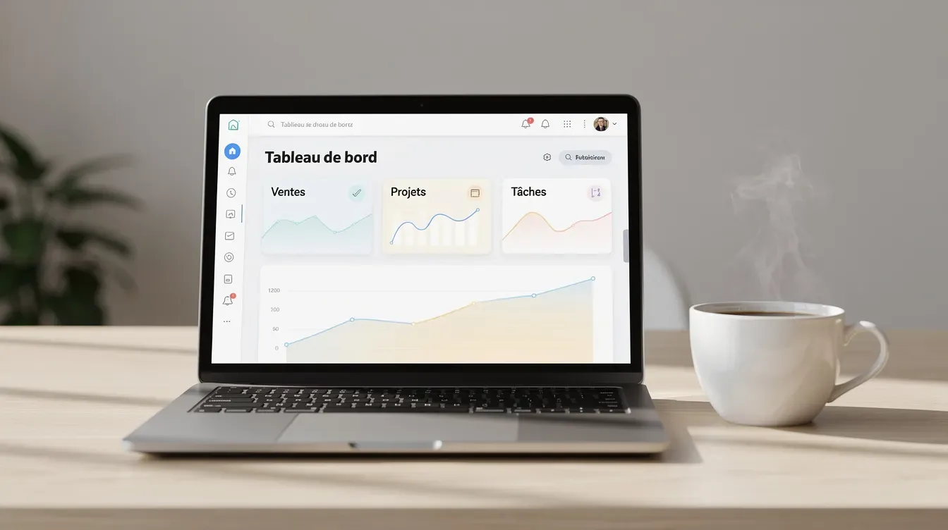 L'image montre un bureau moderne avec un ordinateur portable ouvert sur un tableau de bord épuré, à côté duquel se trouve une tasse de café.