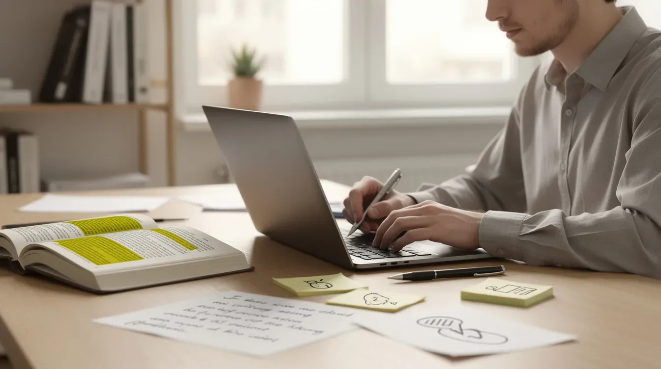 Une personne est assise à un bureau moderne, en train d'écrire sur un ordinateur portable, entourée de livres et de notes.