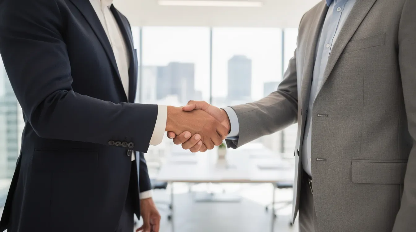Deux professionnels en costume se serrent la main dans un bureau lumineux, symbolisant un accord ou un partenariat.