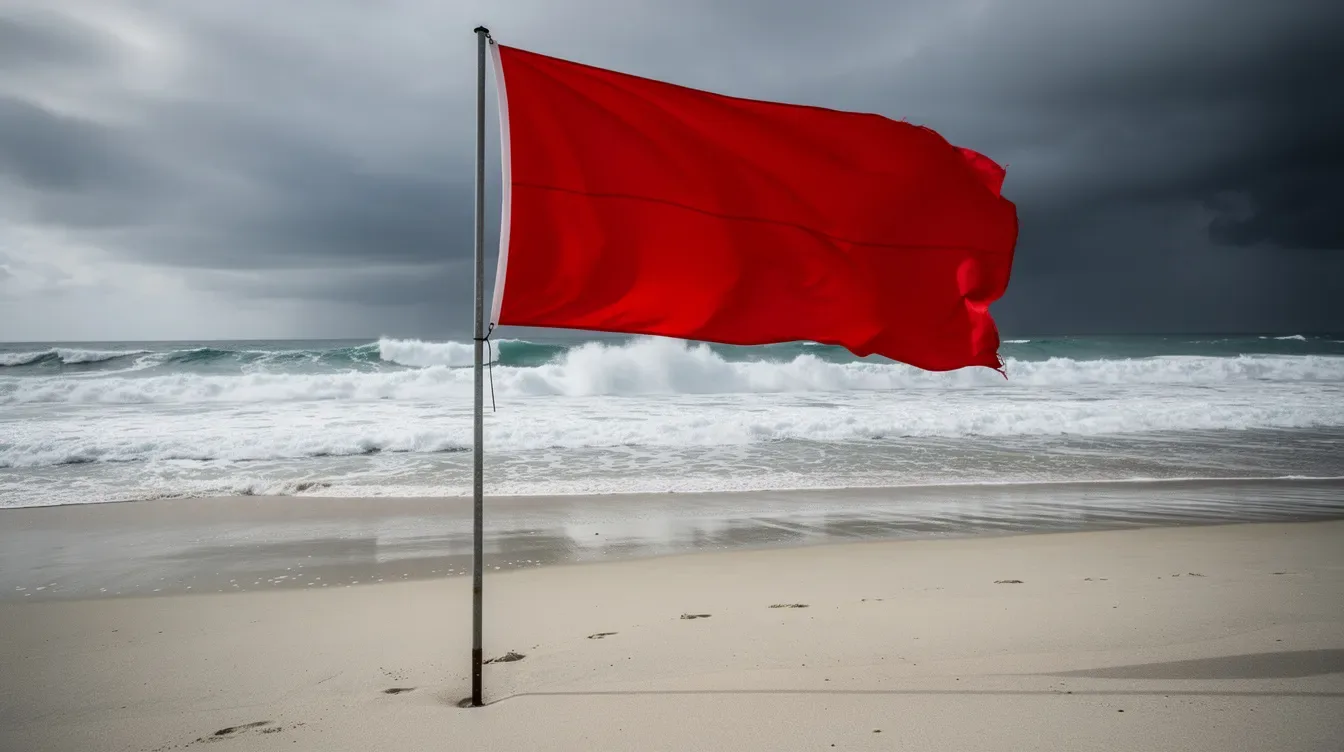 Une drapeau rouge est planté sur une plage, signalant un avertissement de prudence et de danger pour les baigneurs.