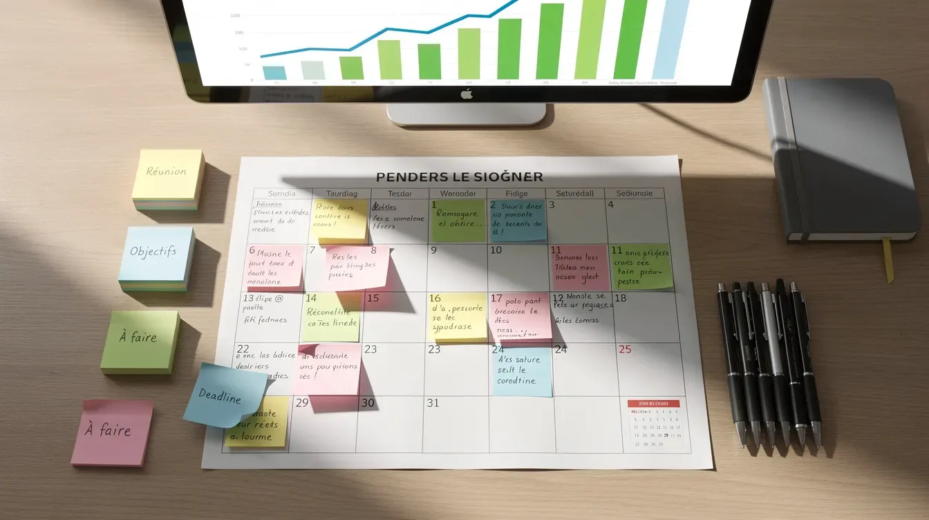 L'image montre un calendrier de planification sur un bureau, orné de post-it colorés, avec en arrière-plan un graphique de croissance illustrant une…