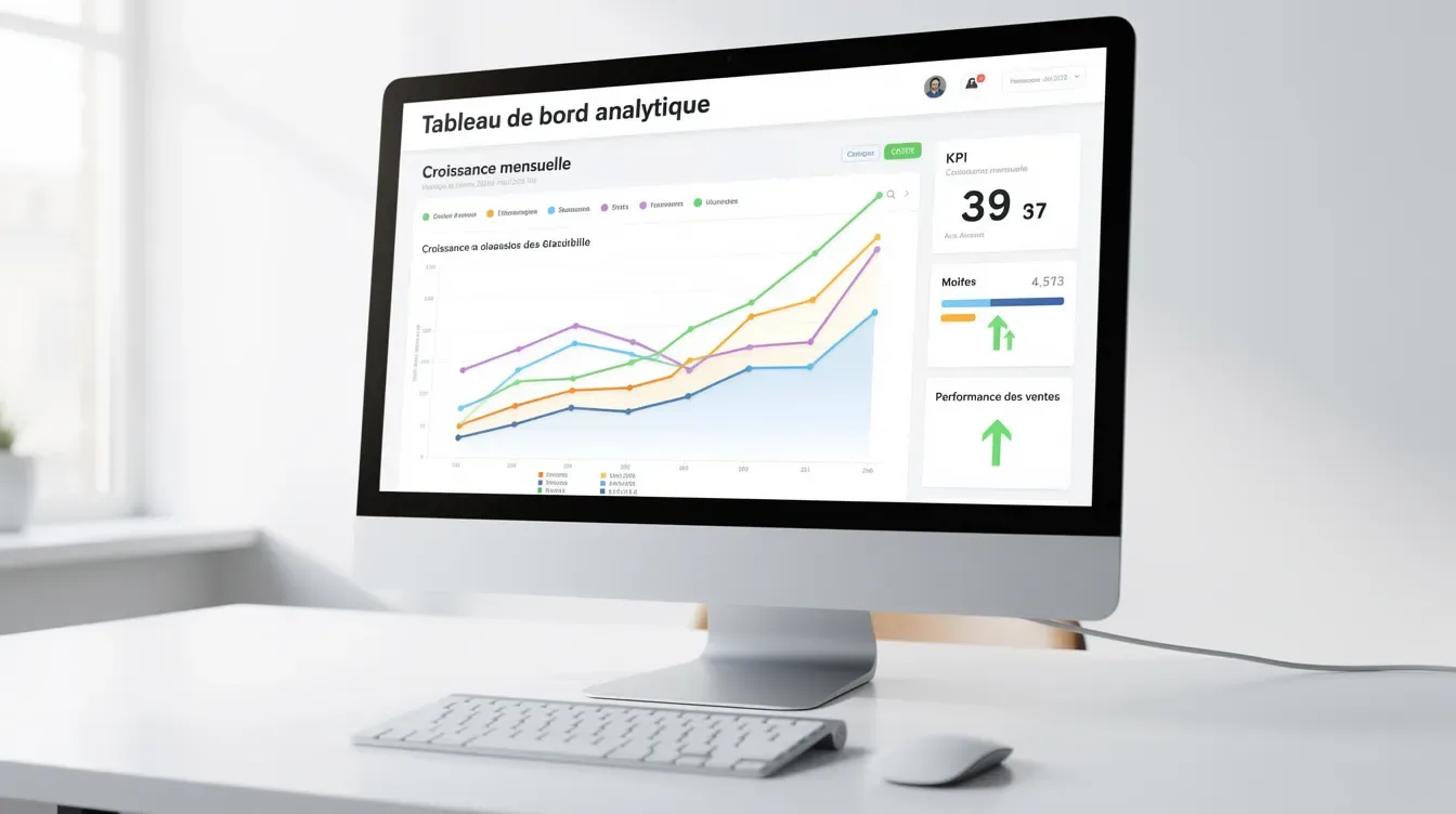 L'image montre un tableau de bord analytique sur un écran d'ordinateur, affichant des courbes de croissance qui illustrent les résultats d'une campagne de…