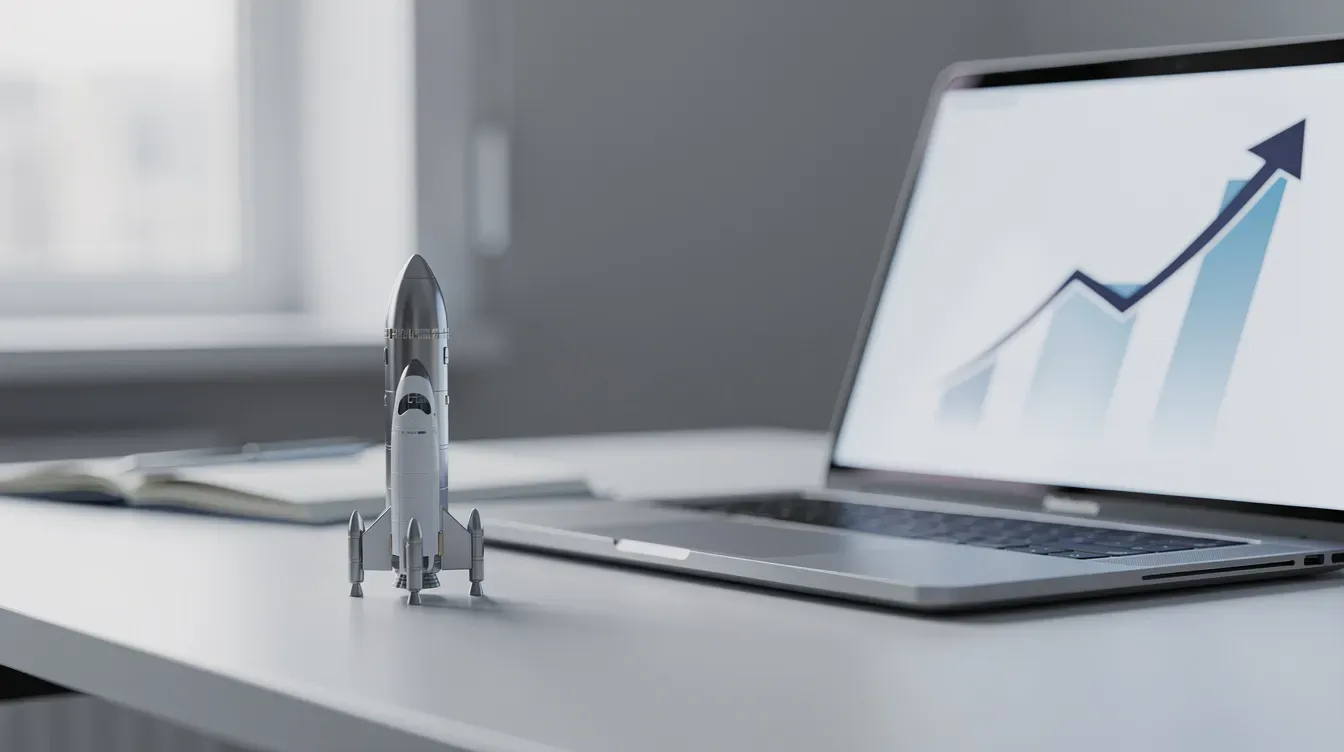 Une fusée miniature est posée à côté d'un ordinateur portable sur un bureau, symbolisant le lancement et la croissance d'une stratégie de netlinking pour…