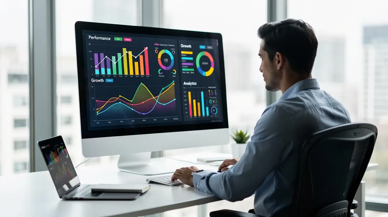 Une personne est assise à un bureau moderne, analysant des graphiques de performance affichés sur un écran d'ordinateur, illustrant une campagne de…