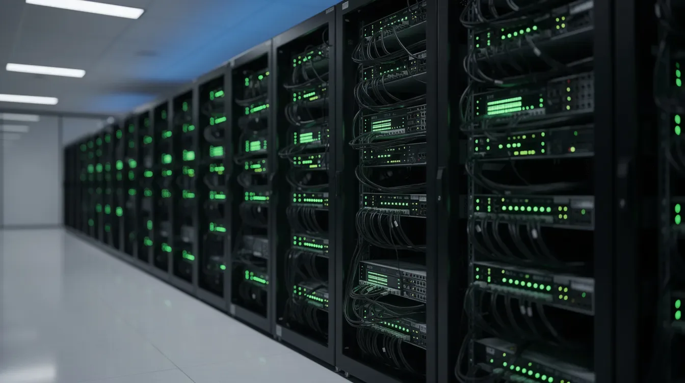 Une salle de serveurs est représentée avec des lumières vertes clignotantes, symbolisant une infrastructure d'hébergement web rapide et efficace.