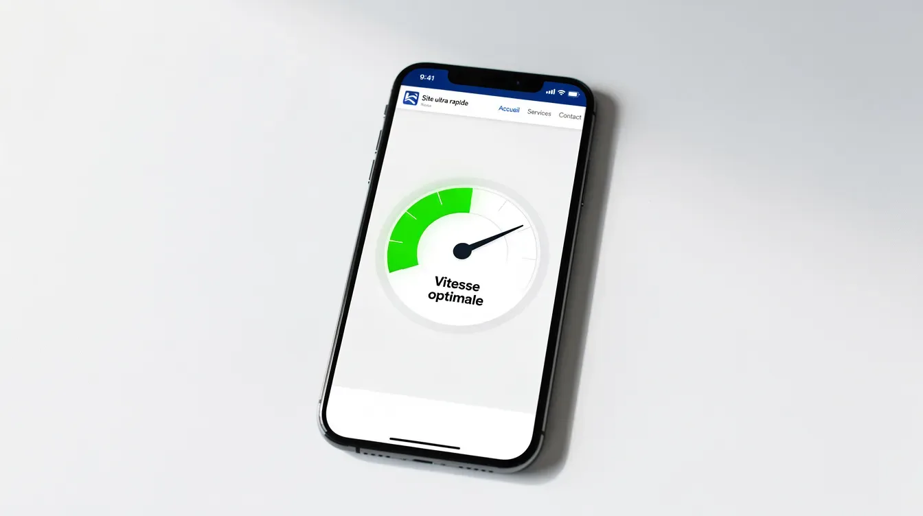 L'image montre un smartphone affichant un site web optimisé avec un indicateur de vitesse au vert, symbolisant un bon temps de chargement.