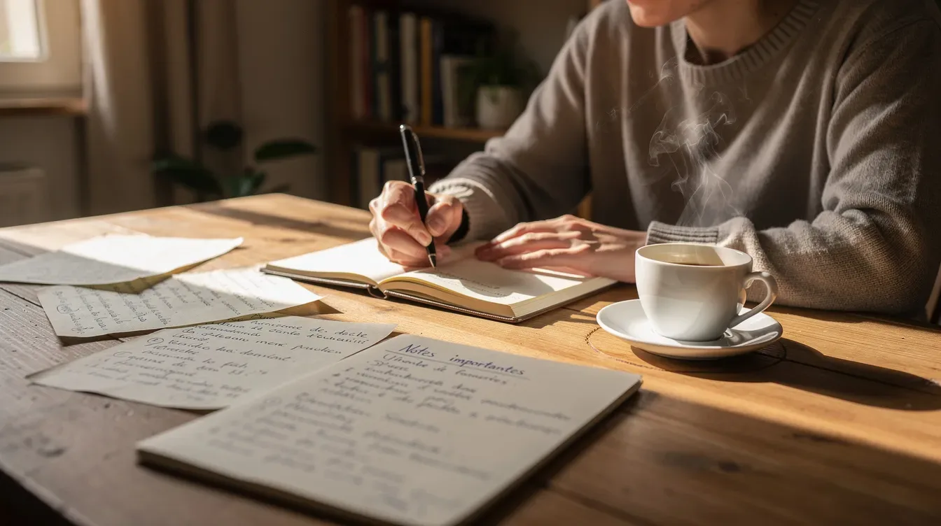 Une personne est assise à un bureau, en train d'écrire dans un carnet ouvert, entourée de notes et d'une tasse de café.
