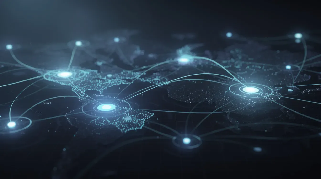 L'image montre un réseau complexe de connexions entre plusieurs points lumineux sur un fond sombre, symbolisant les liens entre différents sites web.
