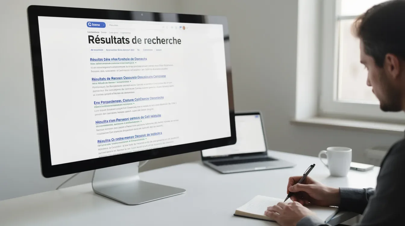 Une image montre un écran d'ordinateur affichant des résultats de recherche, tandis qu'une personne prend des notes sur un carnet à côté.