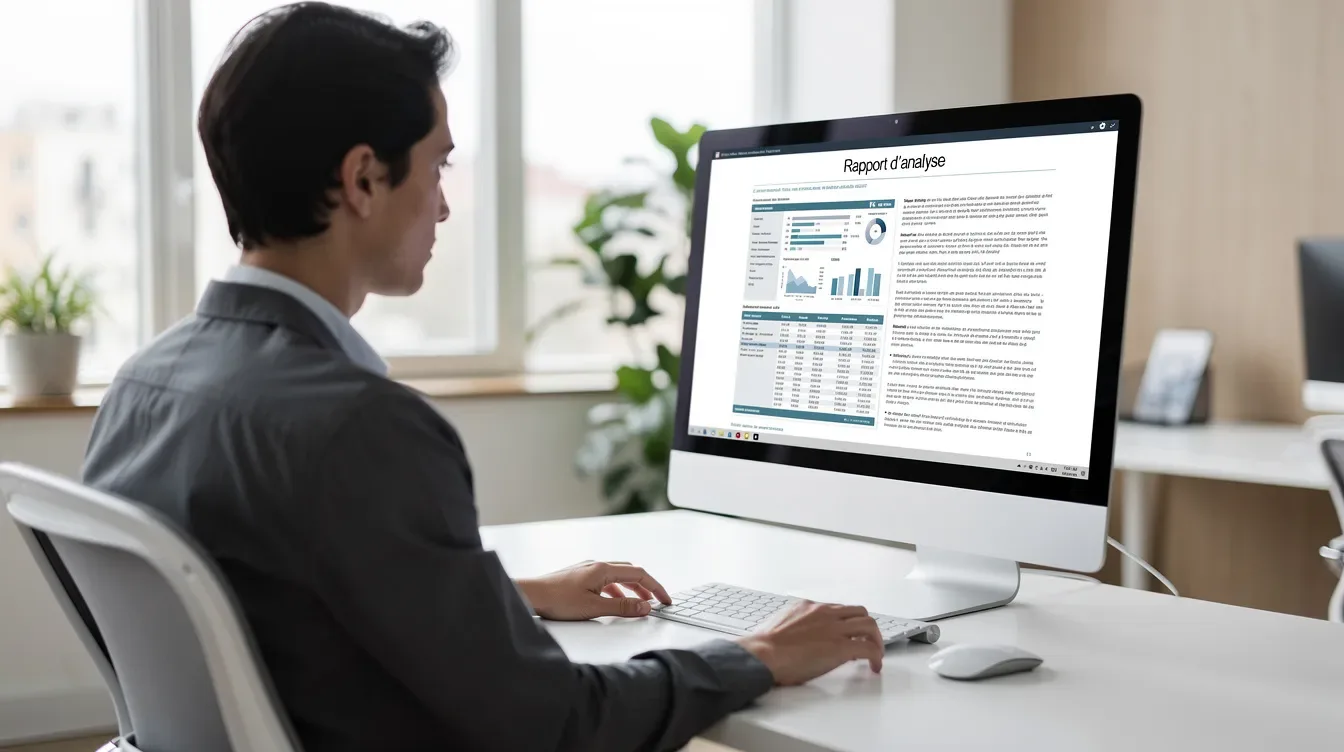 Une personne est assise à un bureau moderne, concentrée sur l'analyse d'un document affiché sur un écran d'ordinateur.