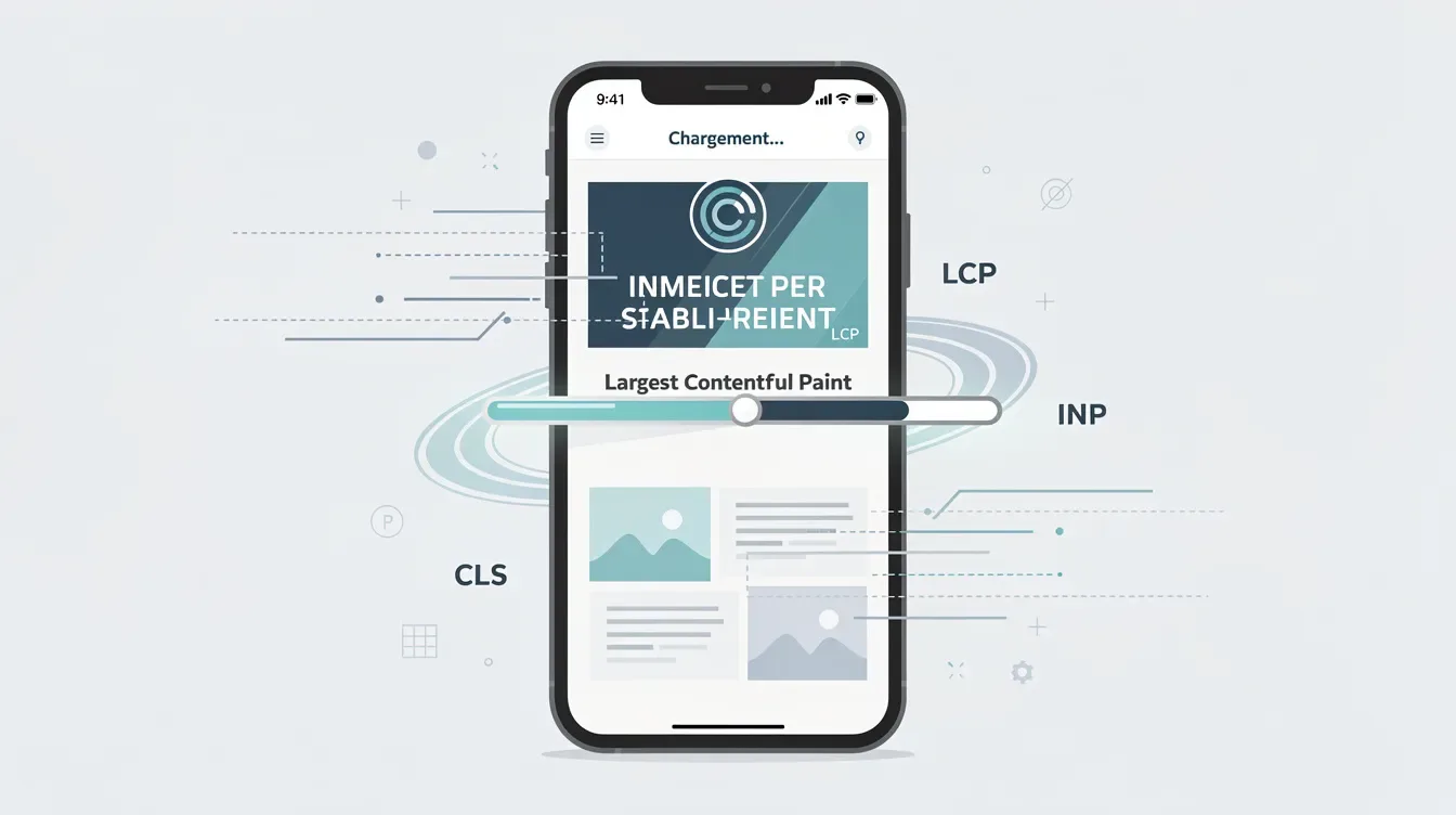 Une illustration d’un smartphone moderne en train de charger un site web, avec un indicateur de progression visible.