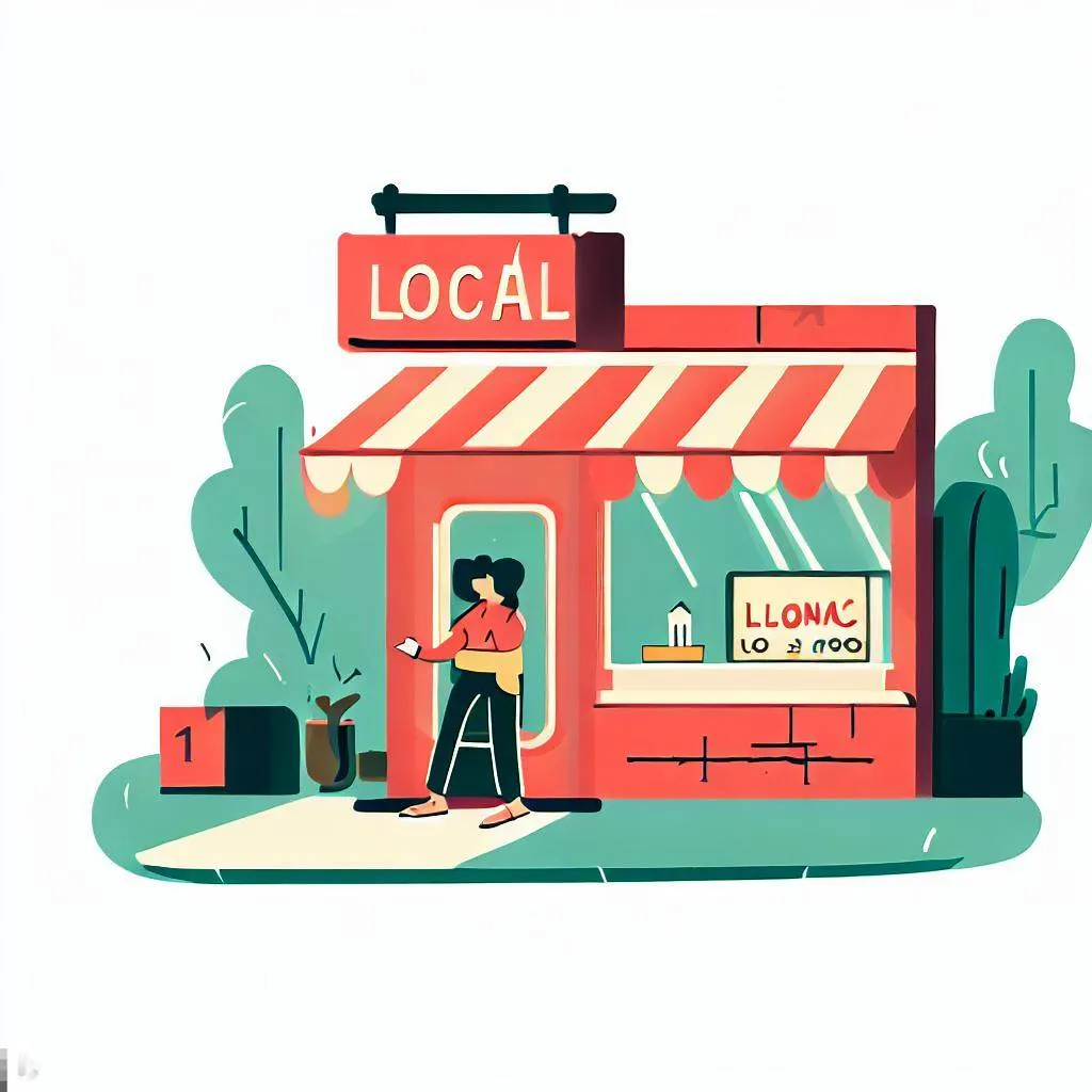 L'image montre un smartphone posé sur un comptoir de boutique, affichant une carte avec des épingles de localisation représentant des commerces locaux.