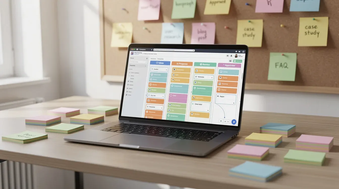 L'image montre un espace de travail professionnel avec un ordinateur portable affichant du contenu structuré organisé en catégories, entouré de notes…