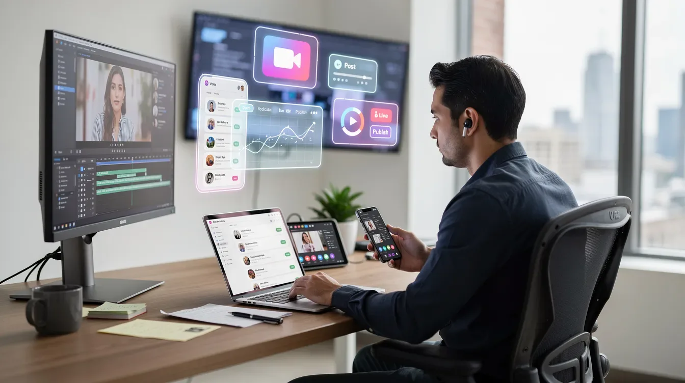 Un professionnel est en train de créer du contenu sur plusieurs appareils et plateformes simultanément, illustrant l'importance de l'optimisation des…