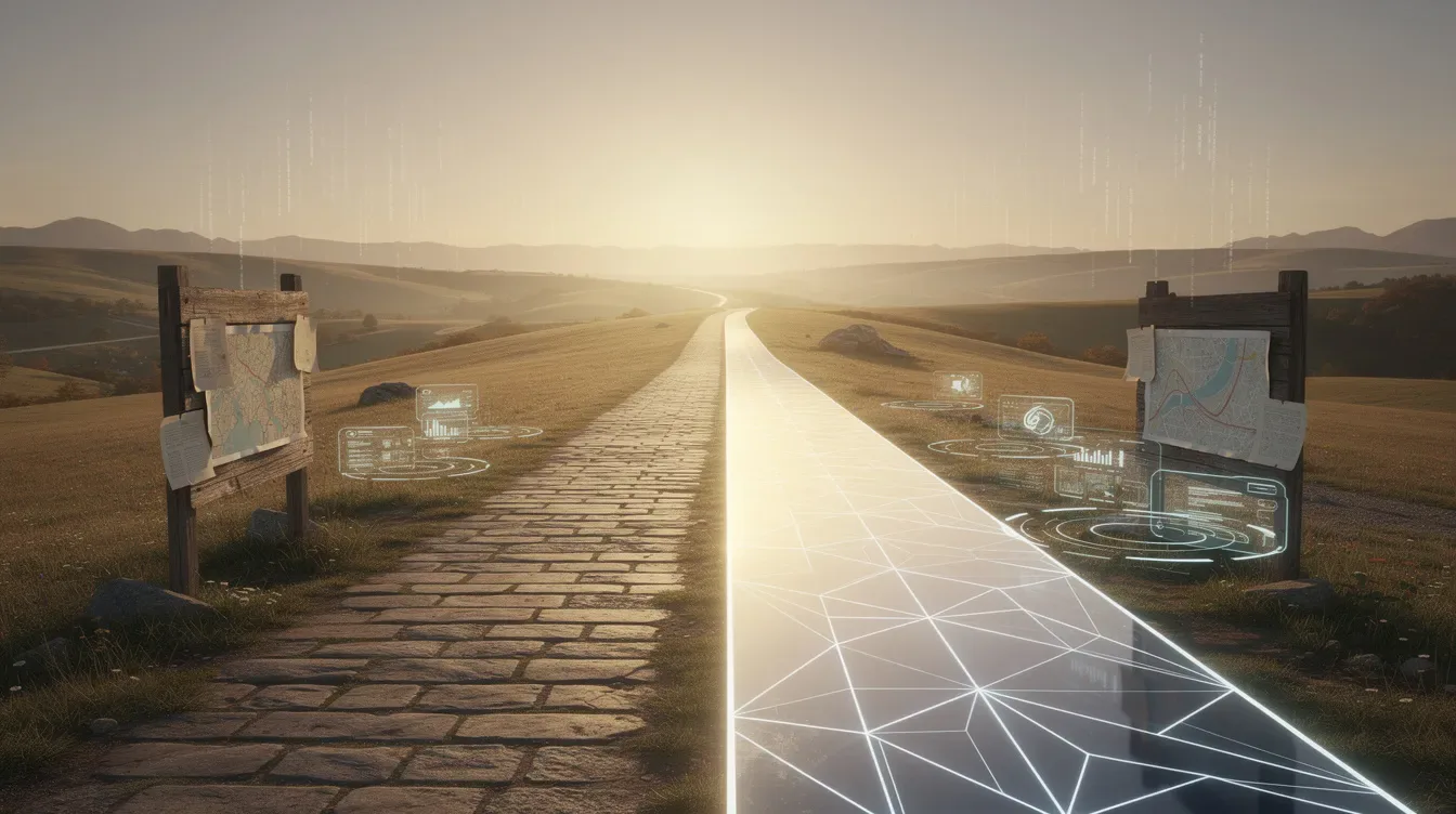 L'image représente deux chemins qui se rejoignent à travers un paysage, symbolisant la fusion des stratégies de recherche traditionnelles et des moteurs de…