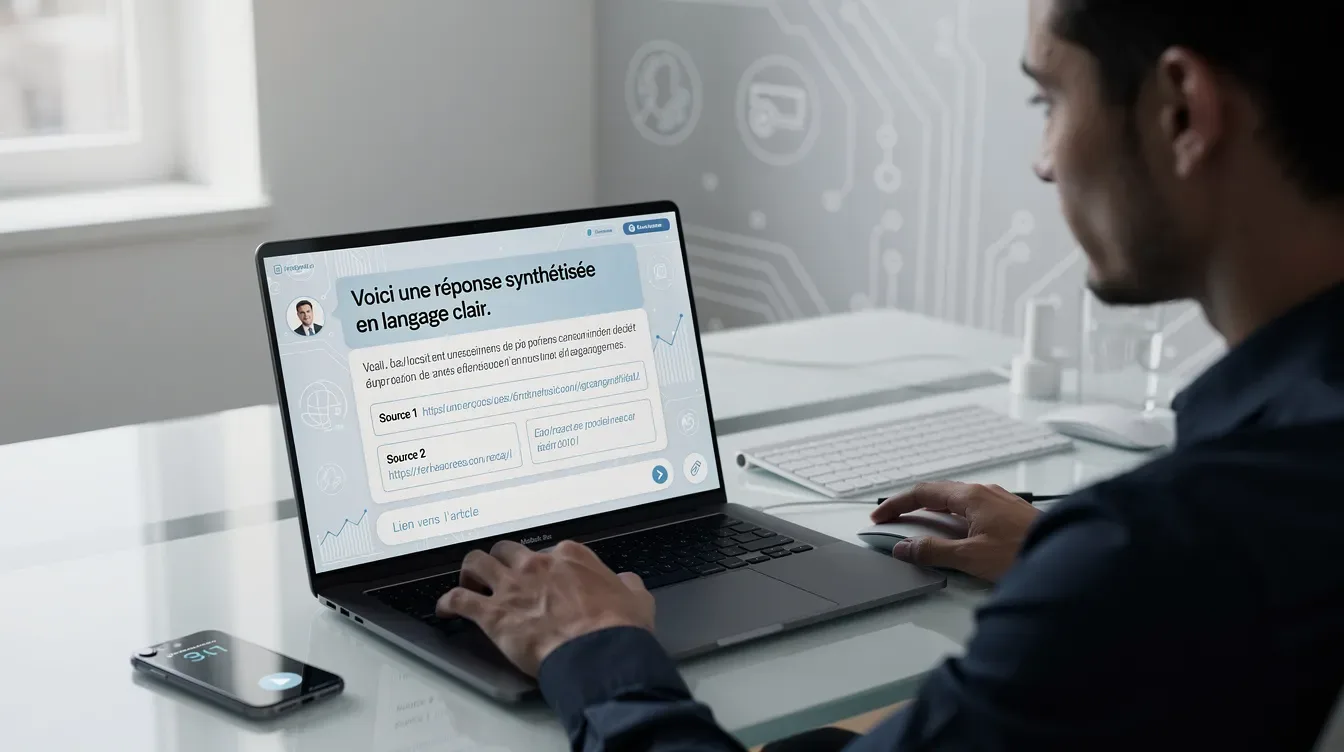 Une personne est assise à un bureau moderne, concentrée sur un ordinateur portable affichant une interface d'agent conversationnel d'intelligence artificielle.