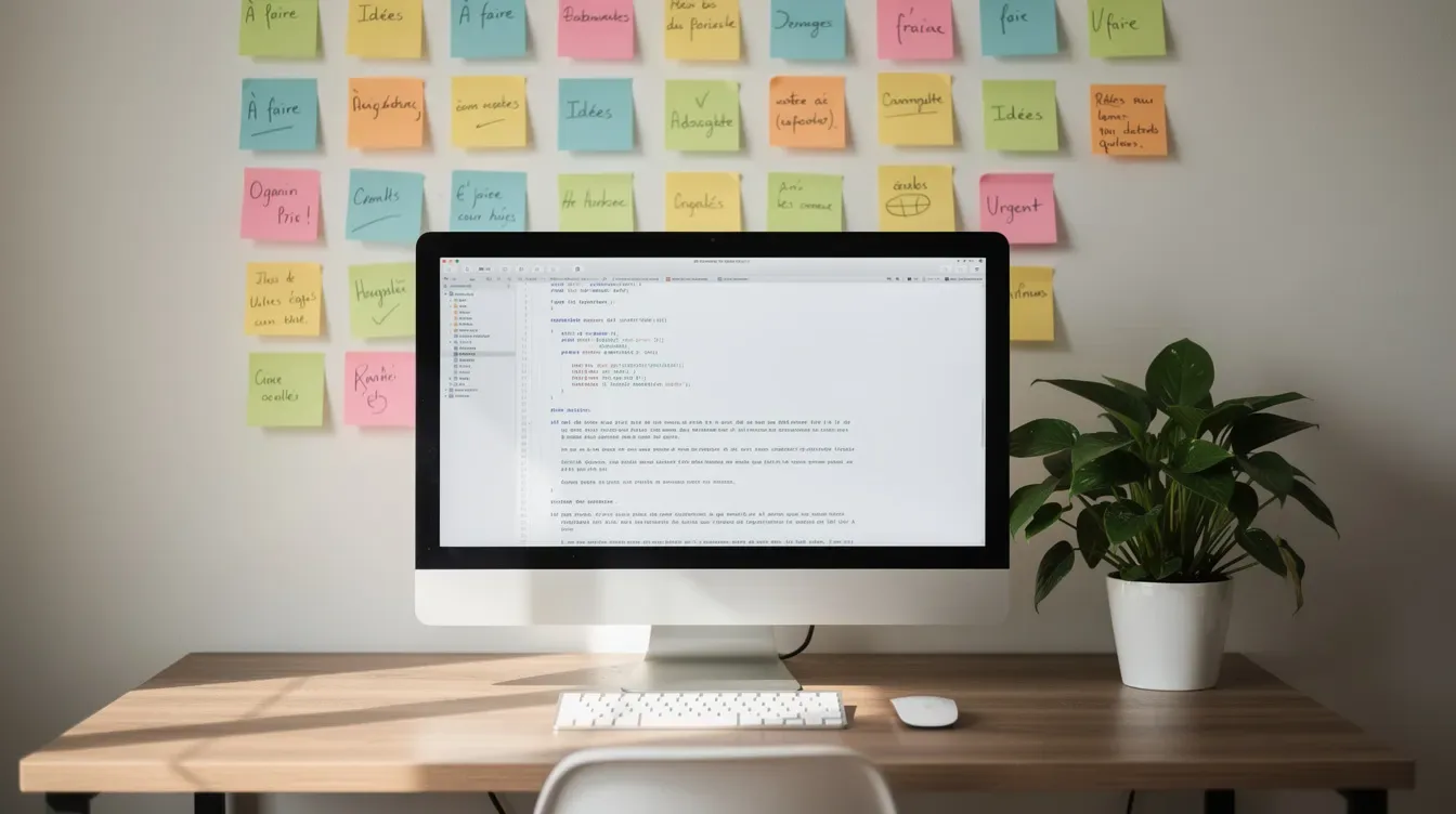 L'image montre un espace de travail accueillant avec un écran d'ordinateur affichant un éditeur de texte, entouré de notes adhésives colorées sur le mur et…