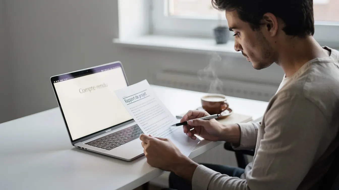 Une personne est assise à un bureau, concentrée sur la relecture d'un document imprimé avec un stylo à la main, tandis qu'un ordinateur portable ouvert et…