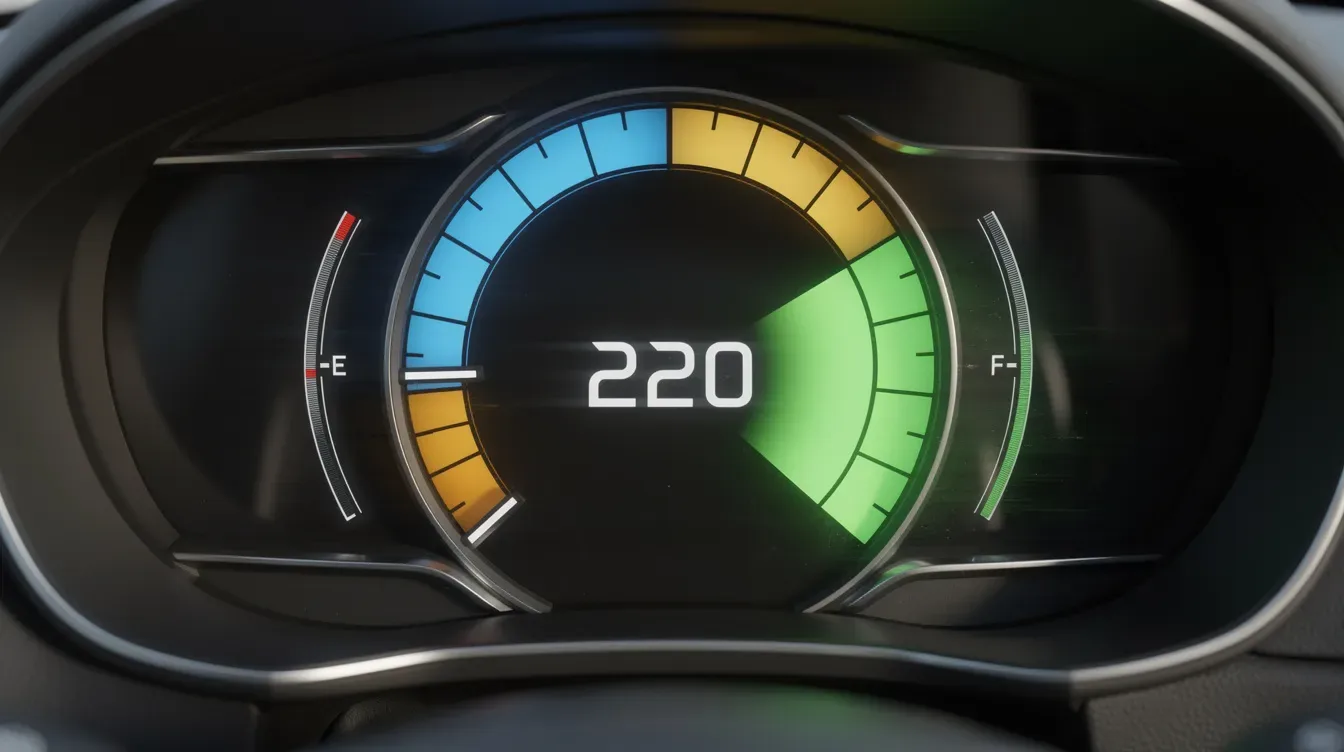 L'image montre un compteur de vitesse numérique affichant une performance élevée, avec l'aiguille positionnée dans la zone verte, symbolisant un bon…