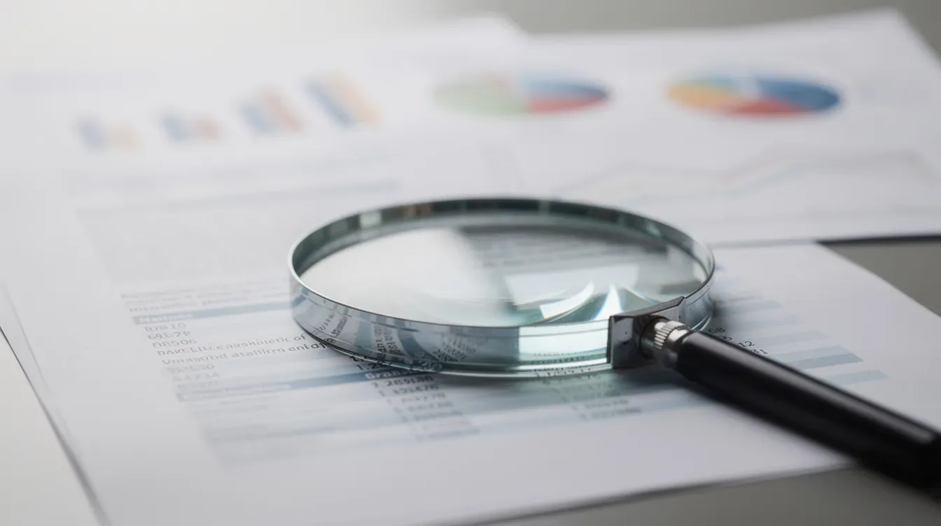 Une loupe est posée sur des feuilles de rapport, mettant en avant des graphiques flous en arrière-plan, symbolisant l'analyse des indicateurs clés de…