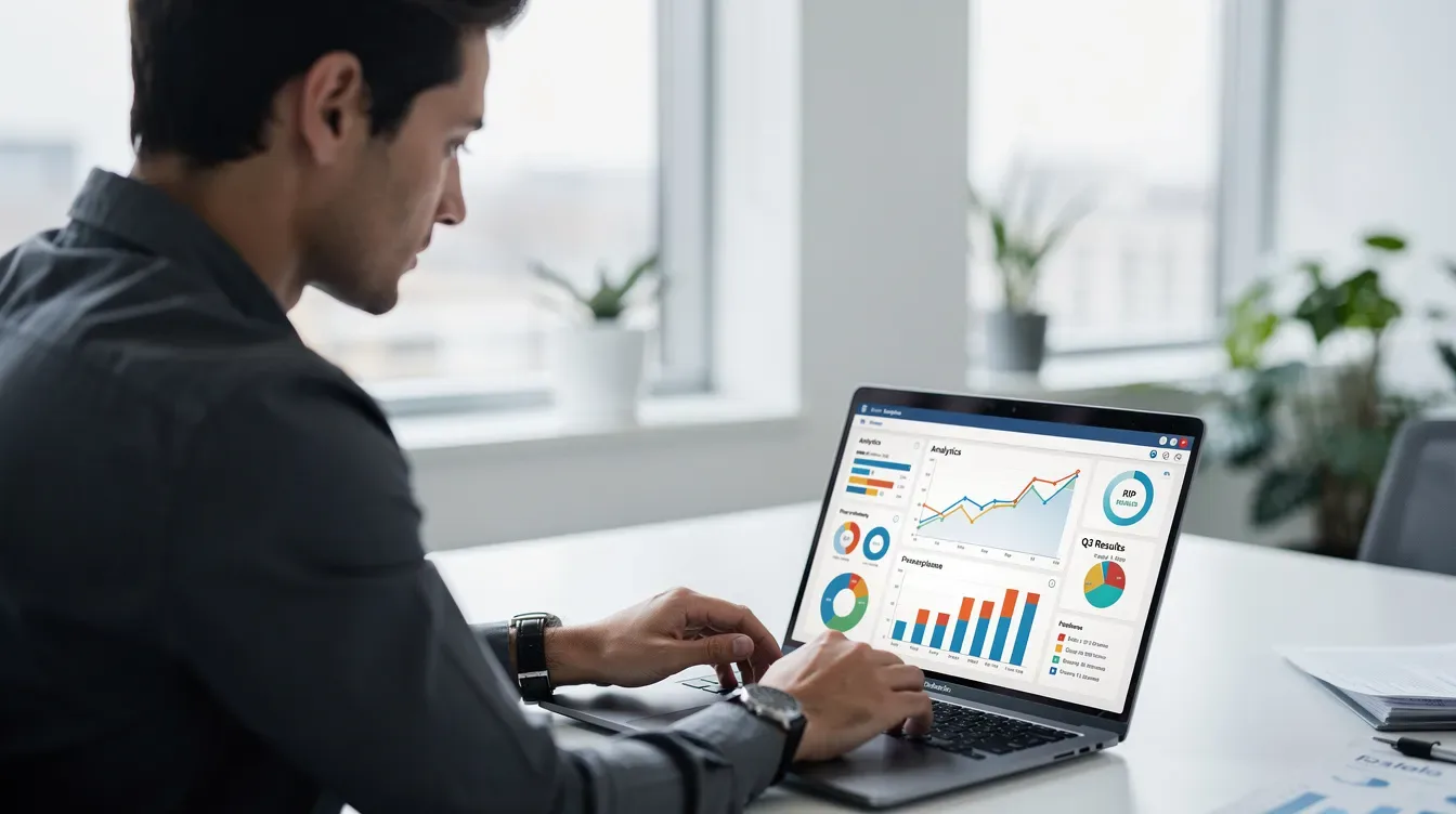 Une personne analyse des graphiques de performance sur un écran d'ordinateur portable dans un bureau moderne, mettant en avant des indicateurs clés de…