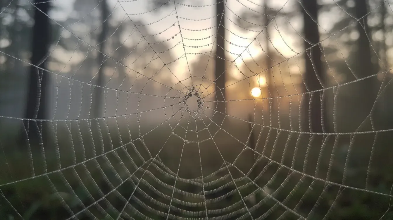 Une toile d'araignée complexe est illuminée par la lumière du matin, mettant en avant un réseau de connexions interconnectées qui évoque l'importance du…