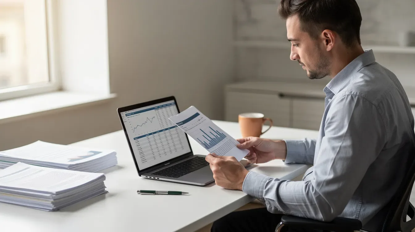Une personne est assise à un bureau, comparant attentivement des documents et des données sur son ordinateur portable.
