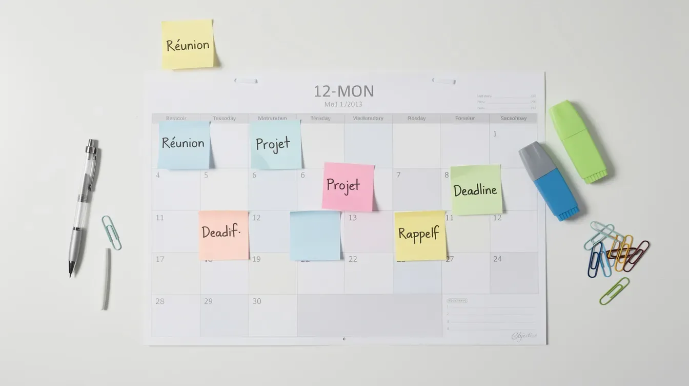 L'image montre un calendrier mensuel rempli de post-it colorés, illustrant une planification organisée et méthodique.