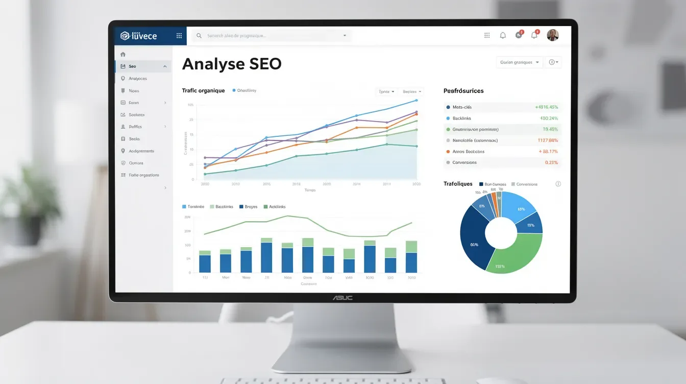 L'image montre un écran d'ordinateur affichant des graphiques d'analyse SEO, illustrant des courbes de progression qui indiquent l'évolution de la…