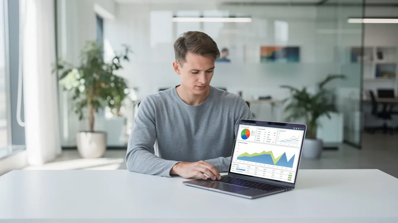 Une personne est assise à un bureau moderne, analysant des données de référencement sur un ordinateur portable.