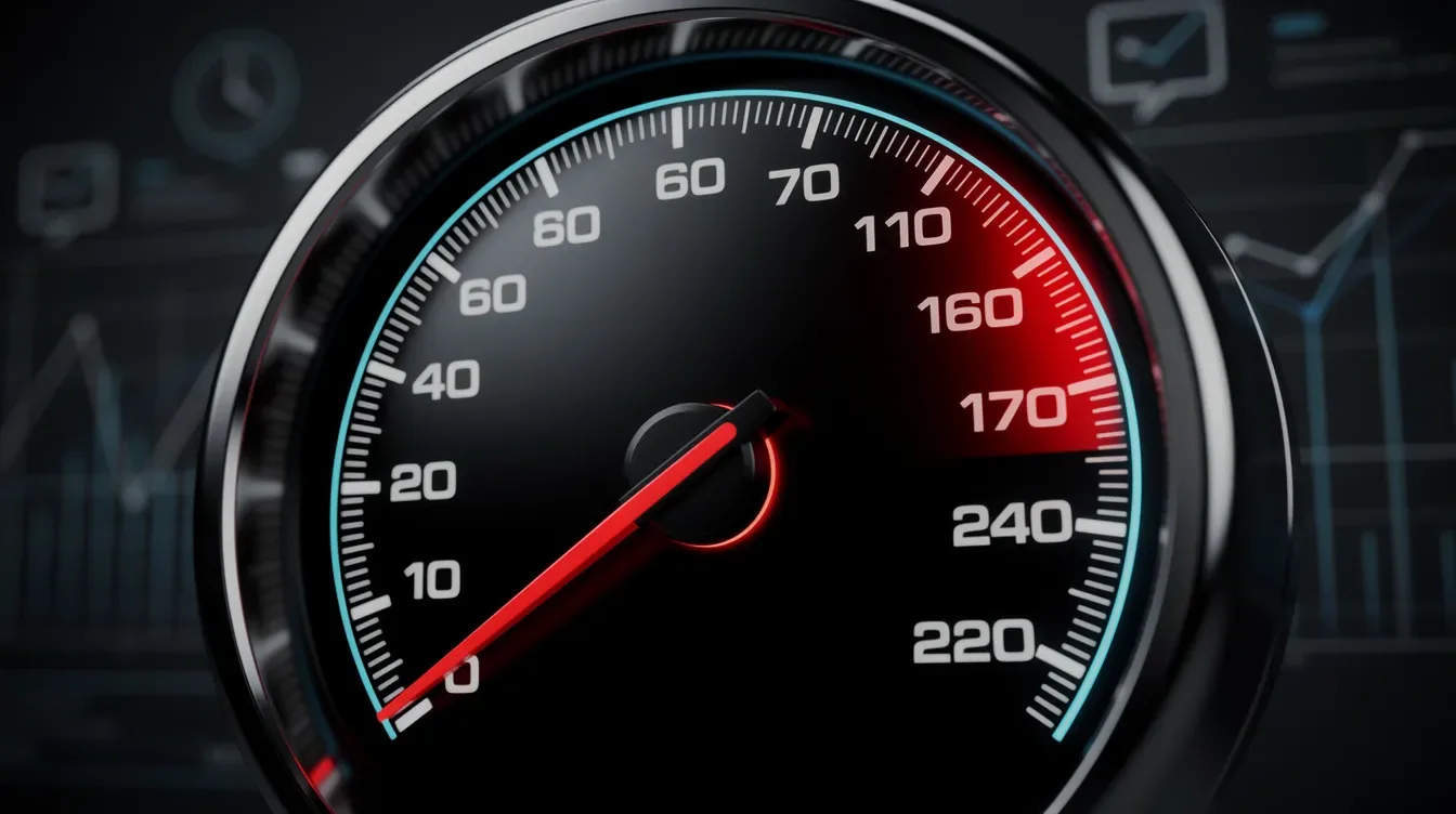 L'image montre un tachymètre affichant une vitesse élevée, symbolisant la performance d'un site web dans les moteurs de recherche.