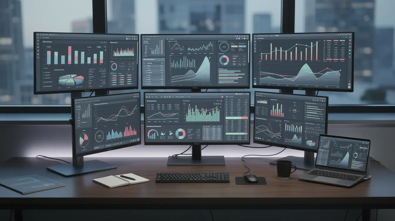 L'image montre un espace de travail moderne avec plusieurs écrans affichant des graphiques et des données analytiques, illustrant l'utilisation d'outils SEO…