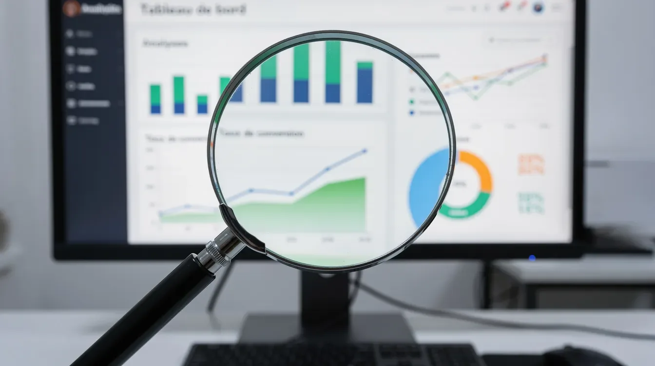 Une loupe est posée sur un écran d'ordinateur affichant des données analytiques, symbolisant l'importance du référencement et de l'optimisation pour…