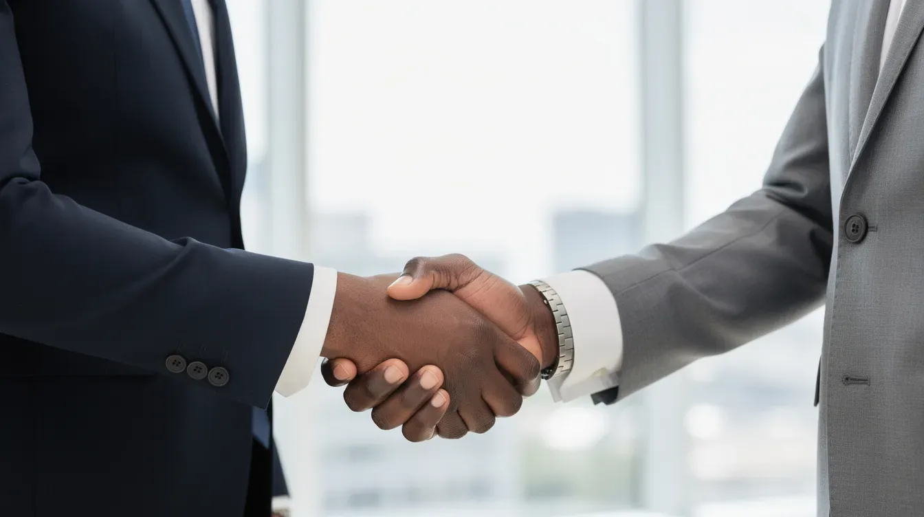 L'image montre une poignée de main entre deux personnes, symbolisant un partenariat professionnel fort.