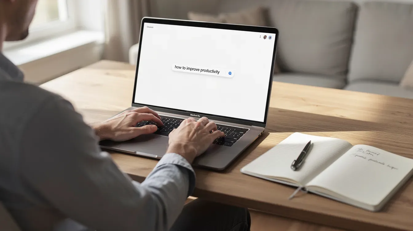 Une personne est assise à un bureau, en train de taper une requête de recherche sur un ordinateur portable, avec un carnet à côté d'elle.