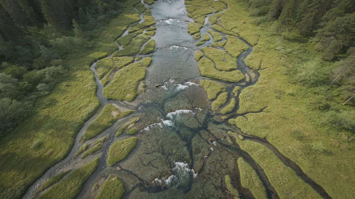 Vue aérienne d'un paysage verdoyant où de nombreux petits ruisseaux se rejoignent pour former une rivière, illustrant une belle harmonie entre l'eau et la…