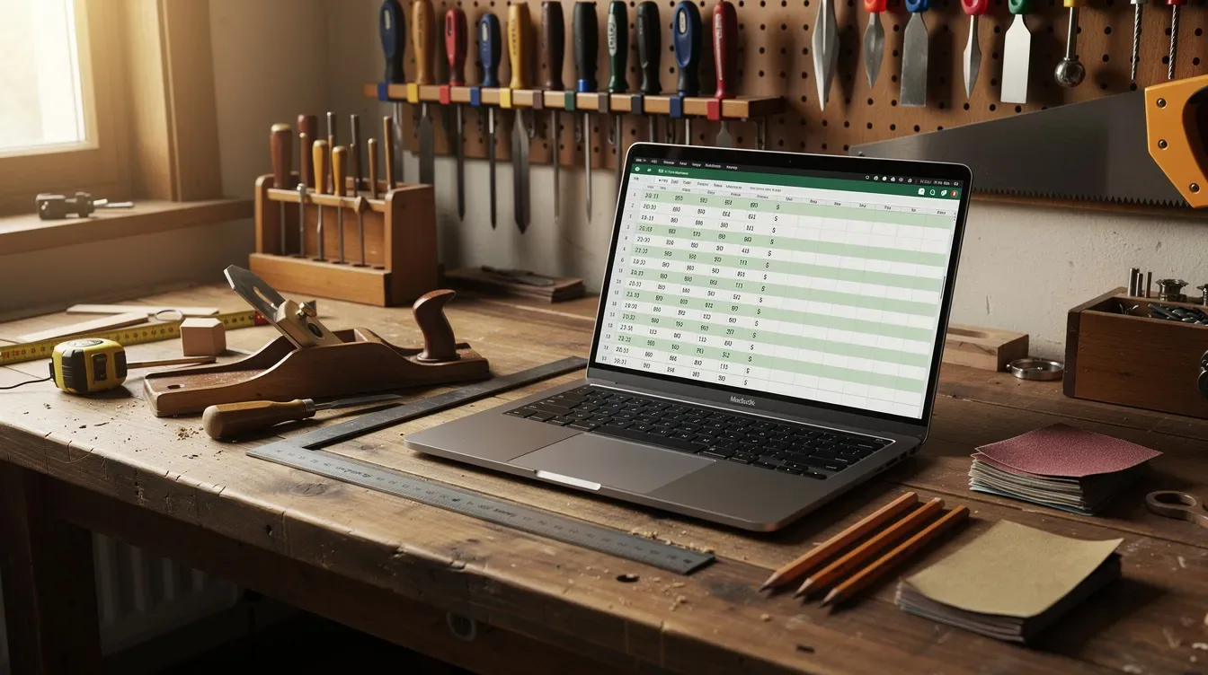 L'image montre un bureau d'atelier bien organisé, avec un ordinateur portable affichant un tableau de données à côté d'outils de menuiserie.