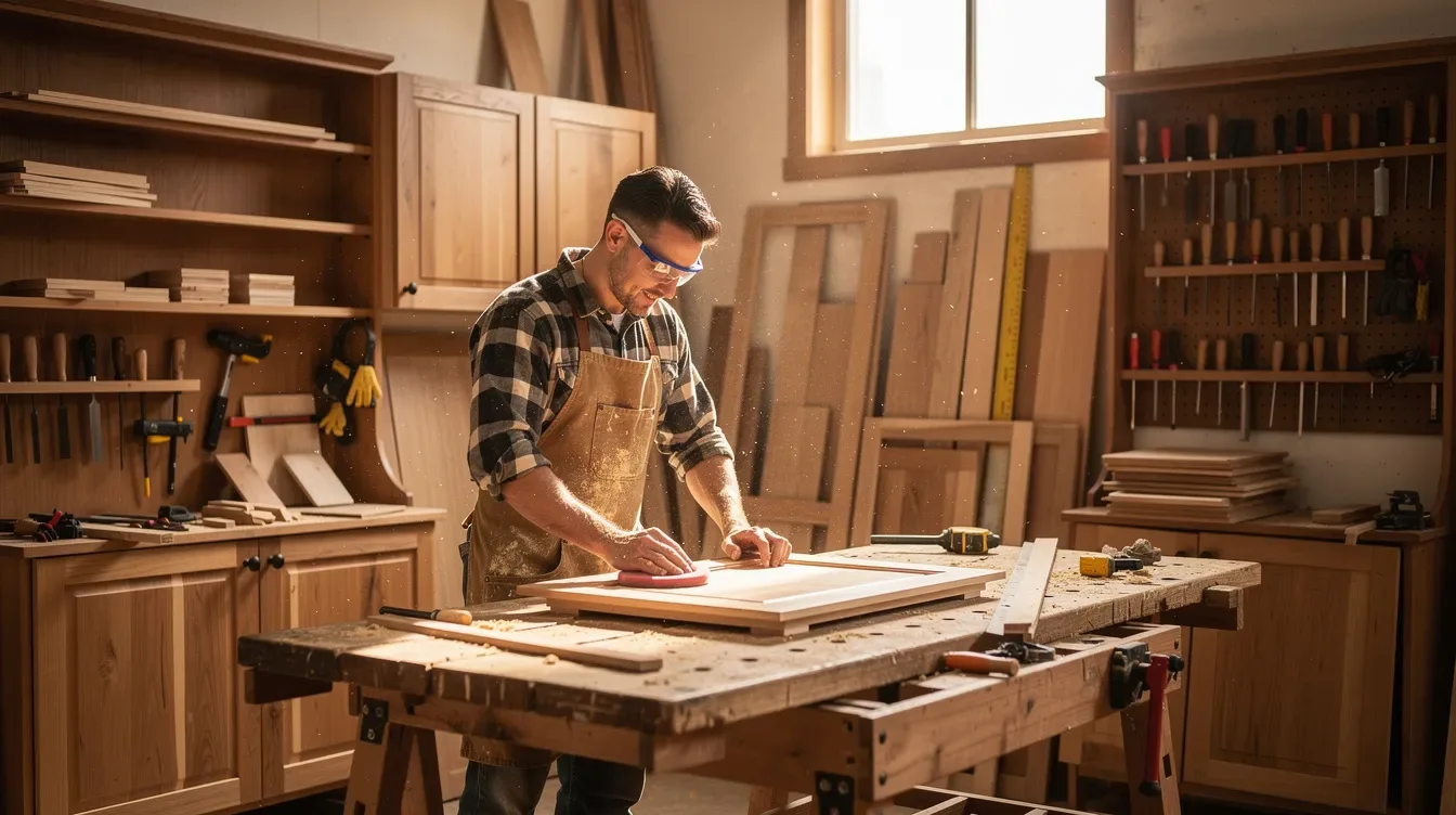 Un artisan travaille dans un atelier de menuiserie, entouré de rayonnages sur mesure et d'armoires en bois.