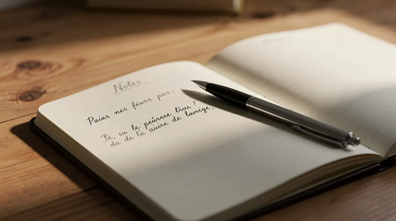 L'image montre un carnet de notes ouvert sur un bureau en bois, avec un stylo posé dessus, prêt pour la rédaction d'idées ou d'articles.